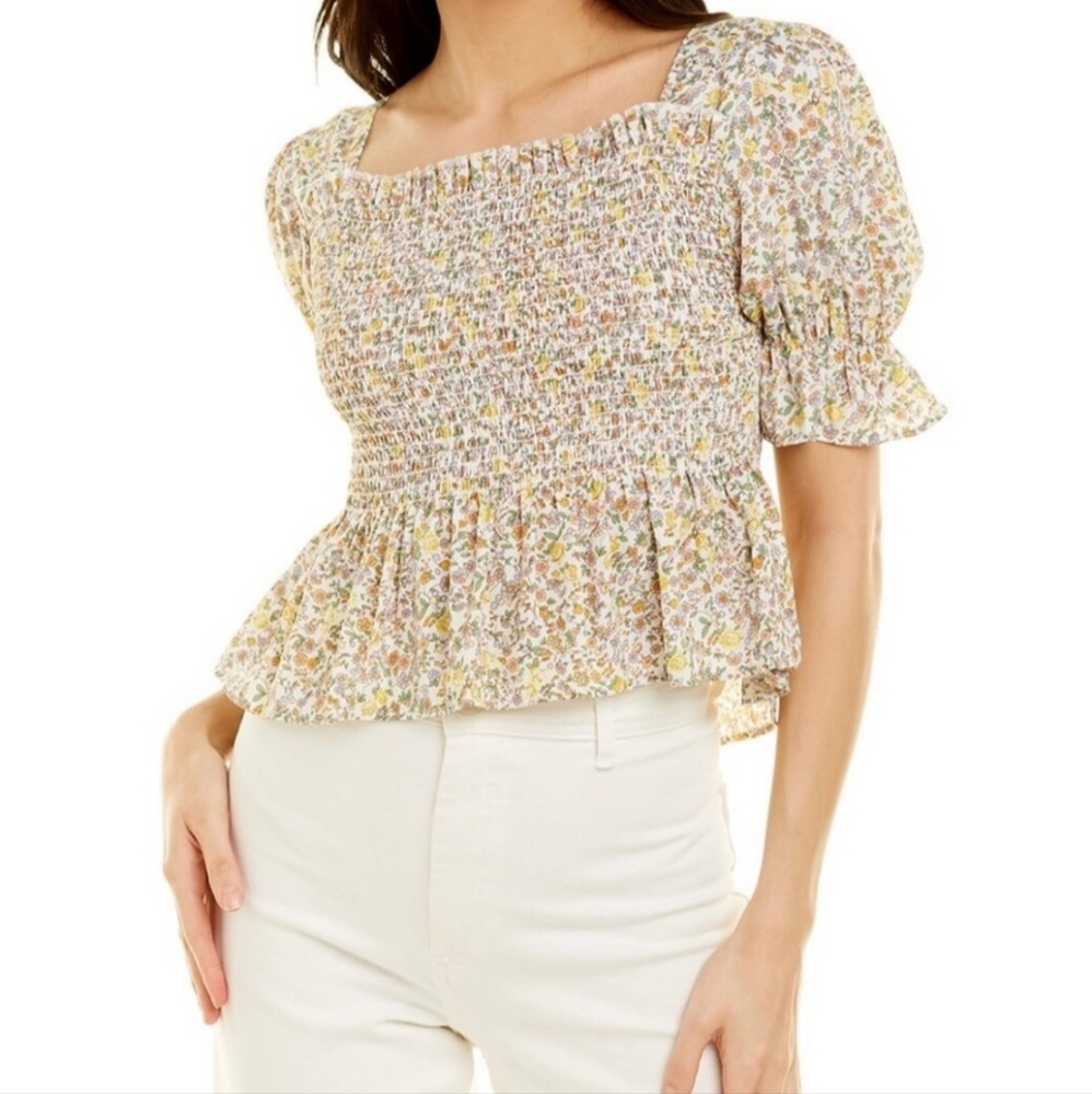 70/21 Floral Smocked Crop Top Puff Sleeves Blouse Square Neck Yellow Ruffle Sz M
